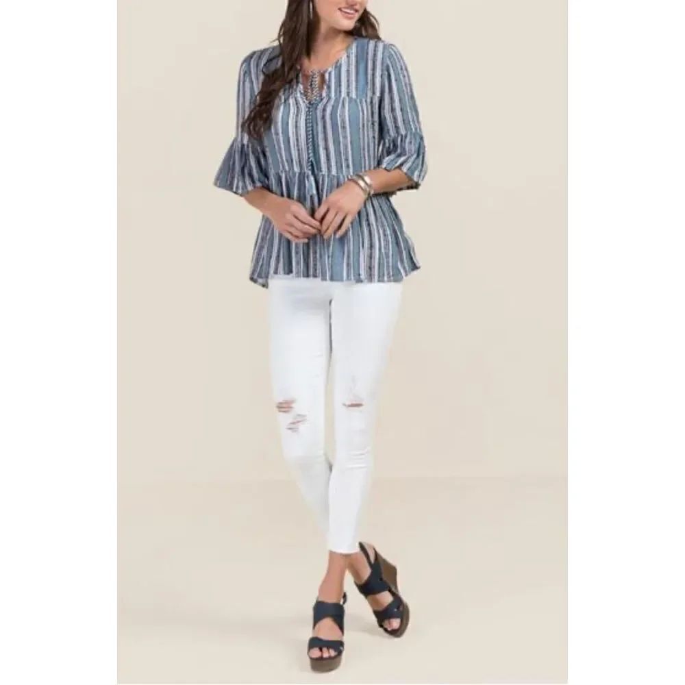 Womens Francescas Blue Rain Sierra Striped Peplum Top - Sz S